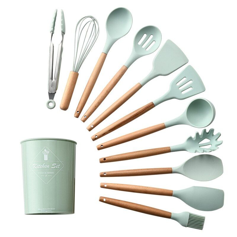 Set 10 PCS Non-stick Silicone and Heat Resistant Wooden Utensils - Image 2